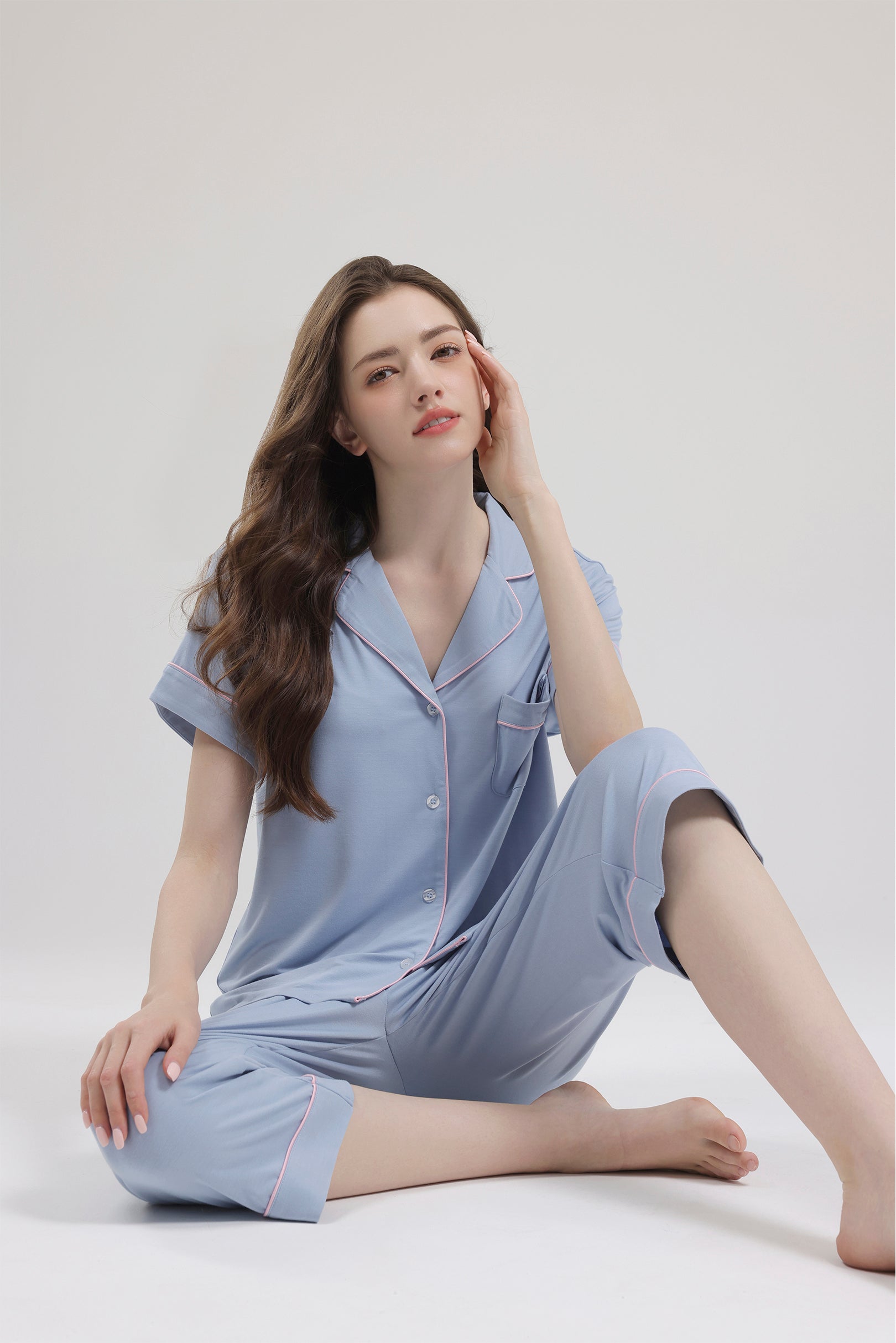 Signature Cropped Pyjamas Set in Powder Blue