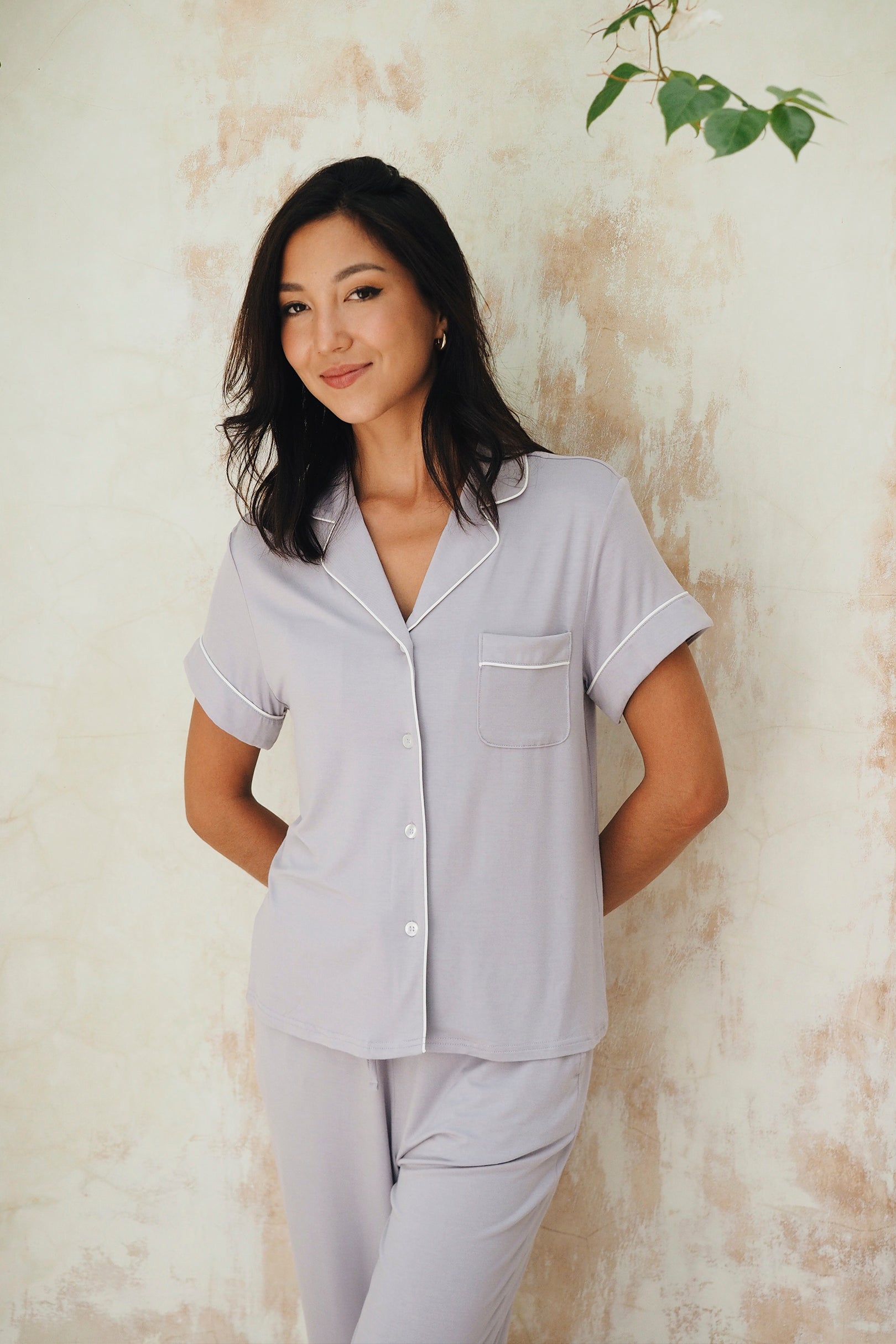 Signature Cropped Pyjamas Shirt in Lilac Grey