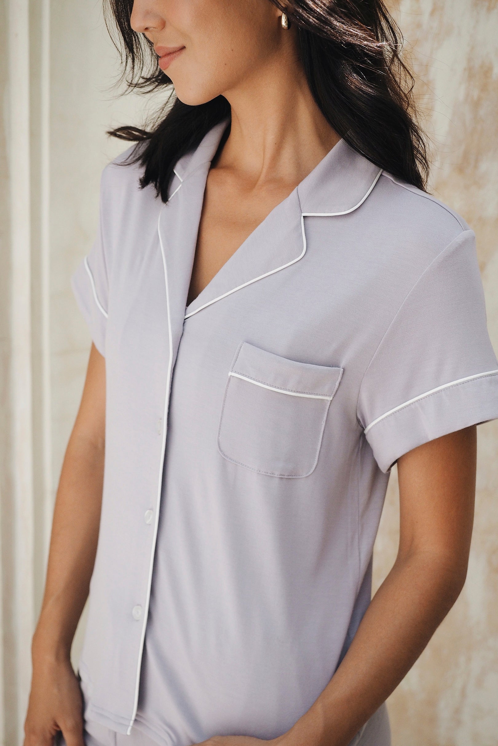 Signature Cropped Pyjamas Shirt in Lilac Grey