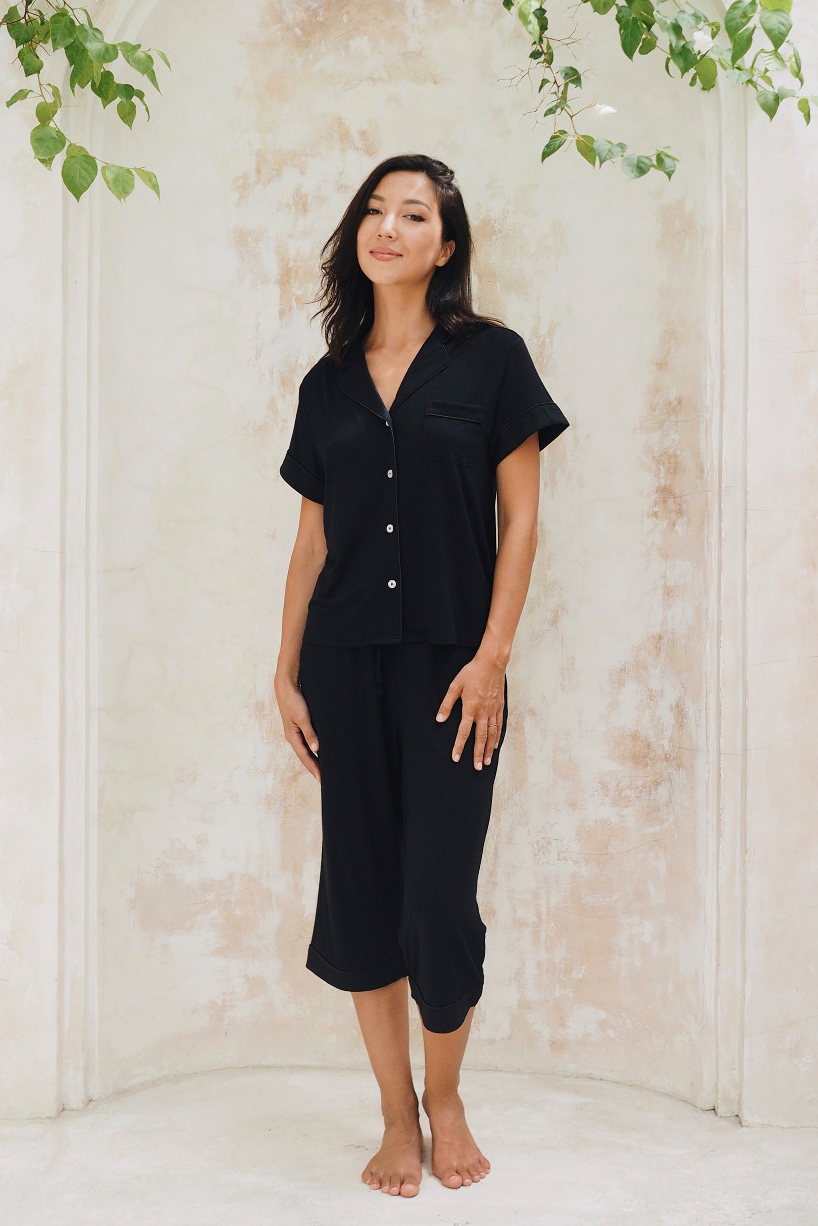 Signature Cropped Pyjamas Shirt in Noir