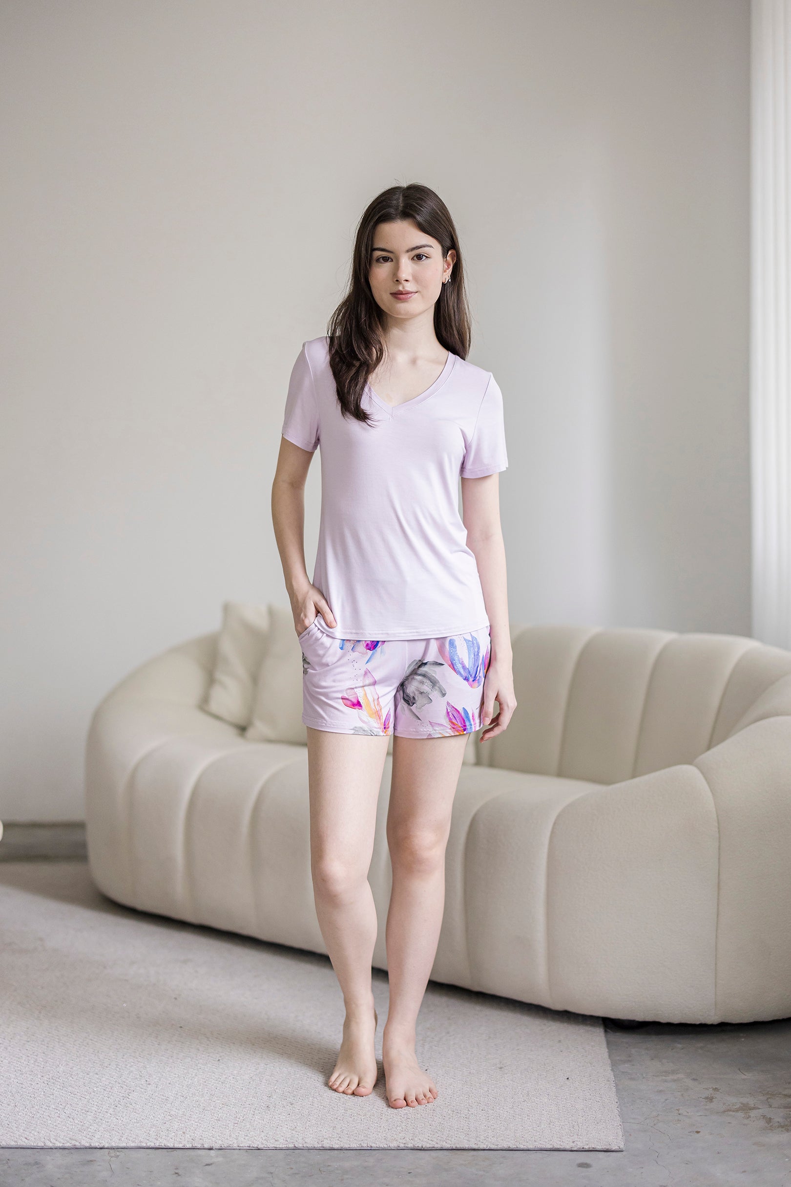 Offline V Neck Tee Set in Rebirth Print, Soft Pink