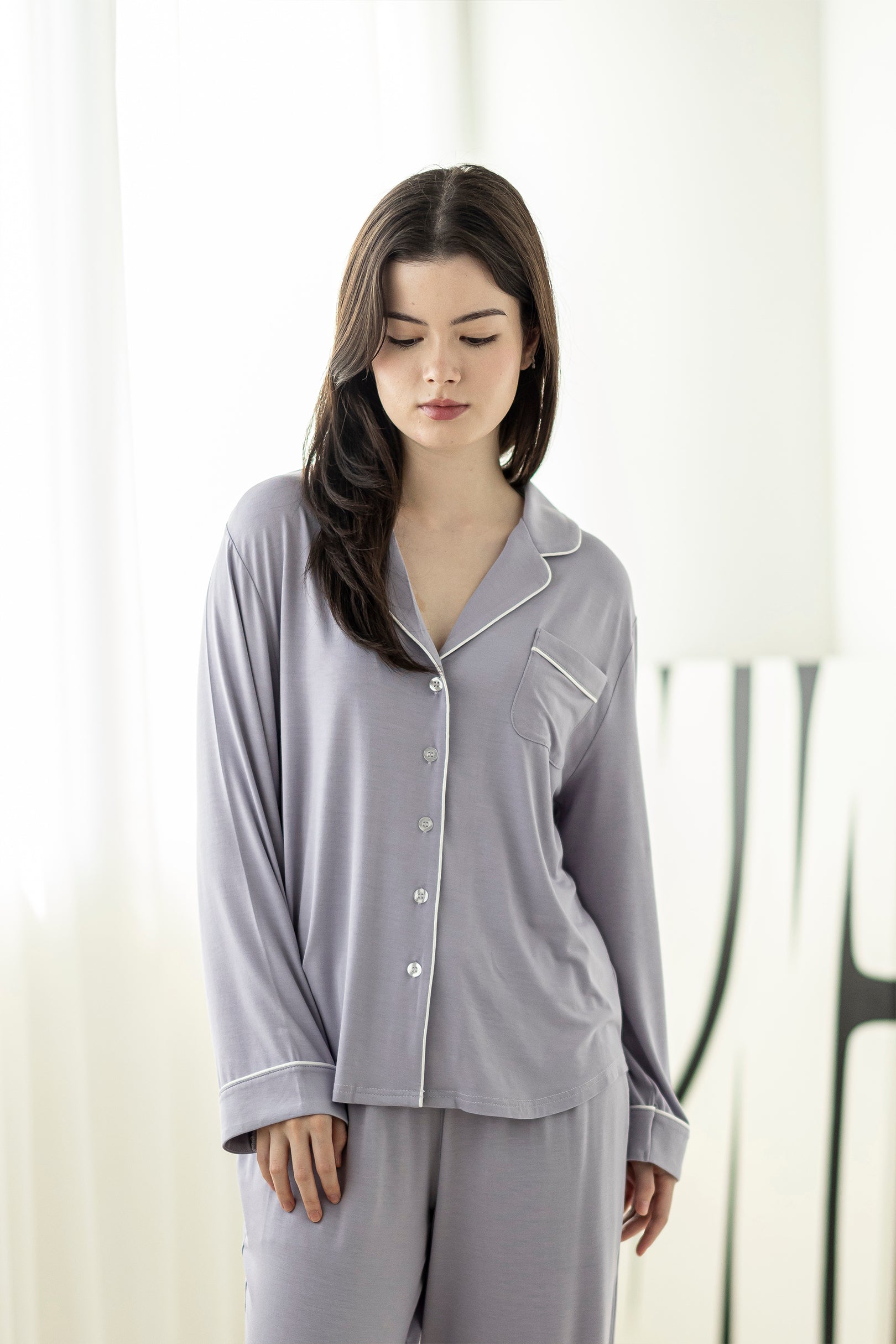 Signature Long Pyjamas Set in Lilac Grey