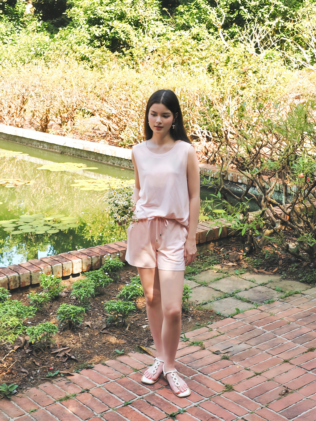 Bamboo-Linen Tank Shorts in Soft Pink