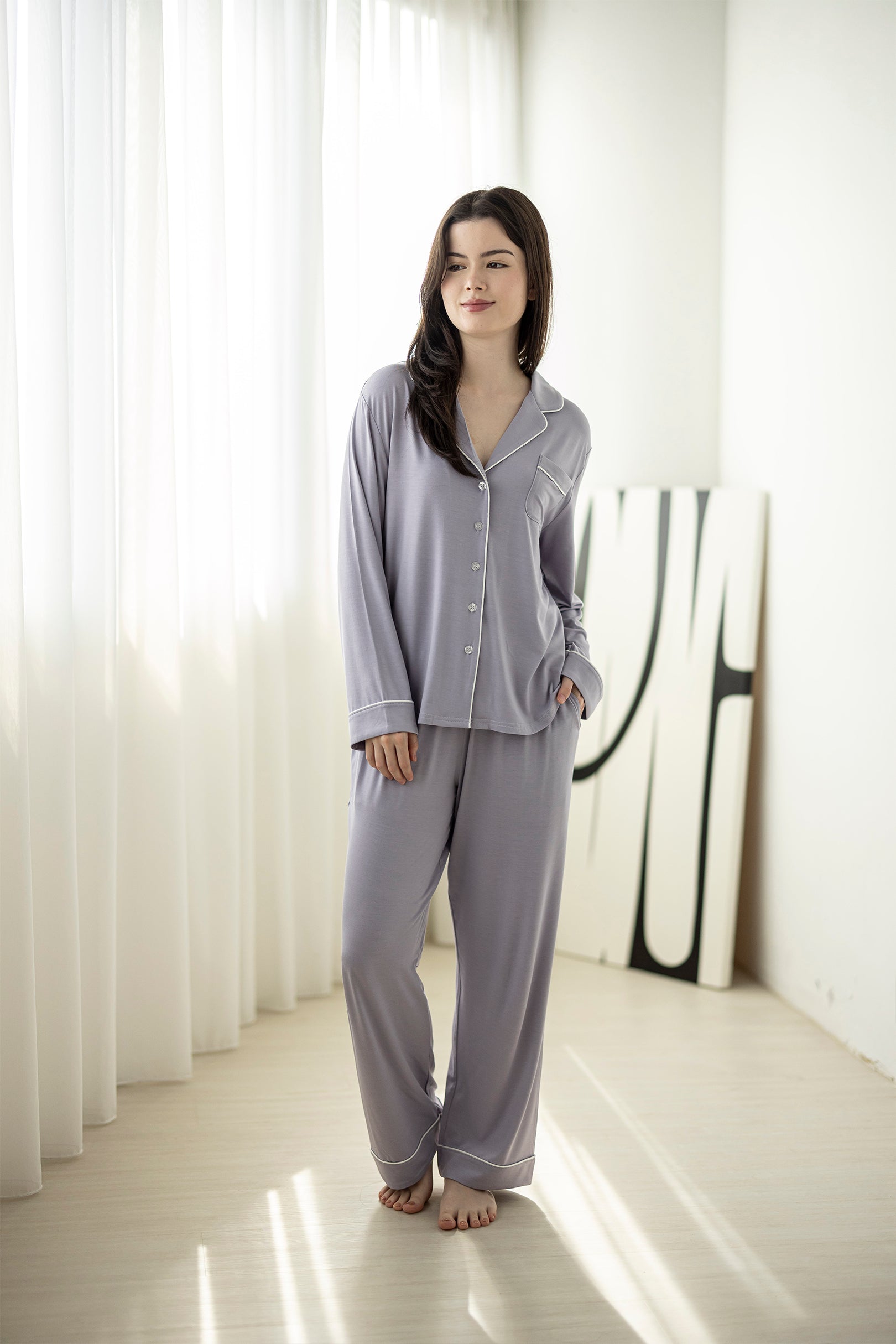 Signature Long Pyjamas Set in Lilac Grey