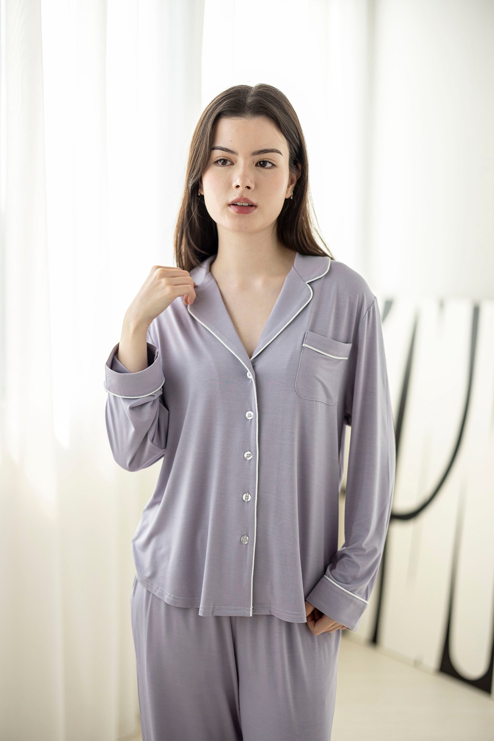 Signature Long Pyjamas Shirt in Lilac Grey